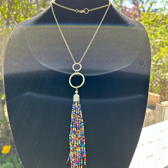 Gold tone chain and beaded tassel necklace. - Picture 6 of 6